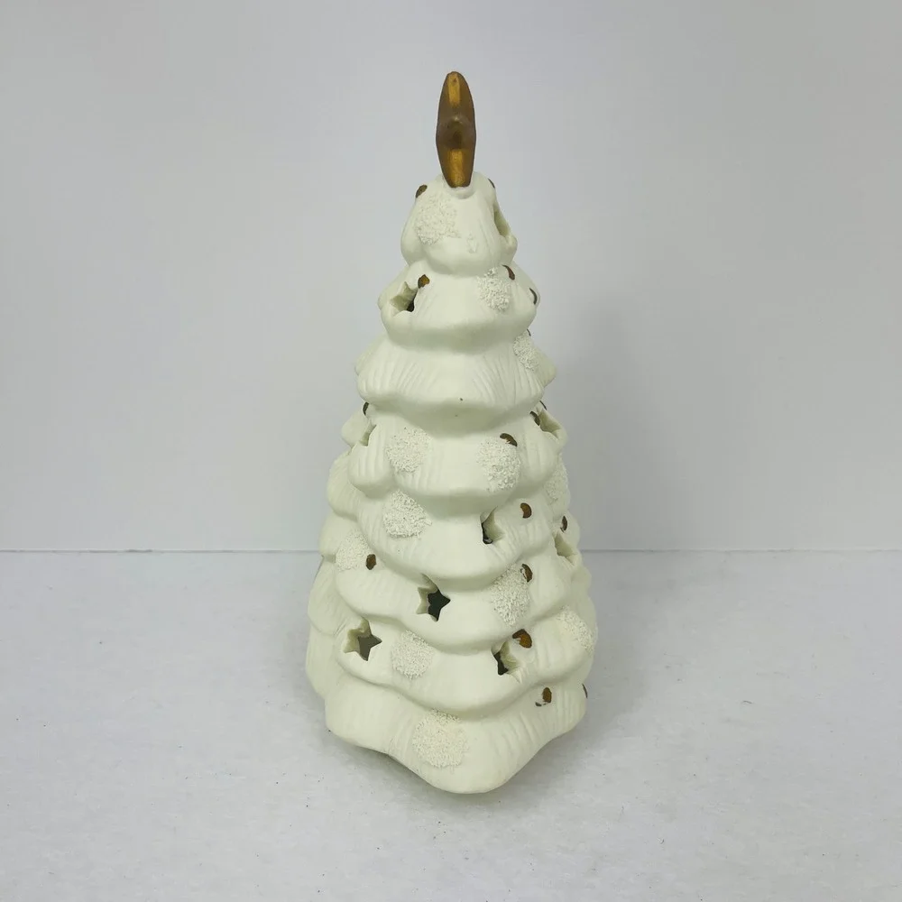 White Ceramic Christmas Tree Tea Light Holder Gold Star Cutouts Holiday Decor 8